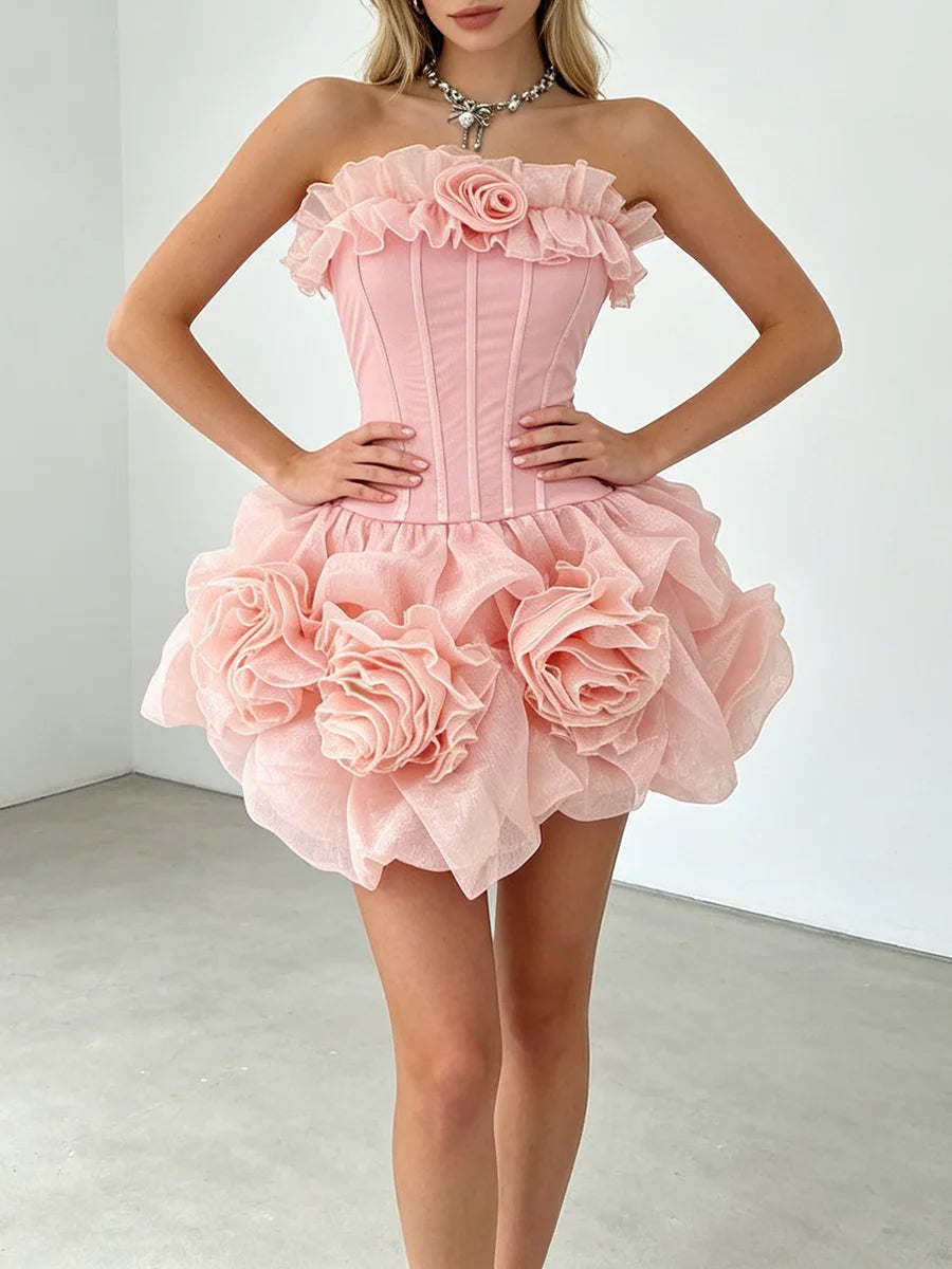 Strapless Corset 3D Rose Ruffle Mini Dress