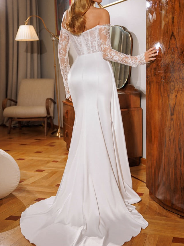 Corset Lace Wedding Dress with Draped Satin Skirt