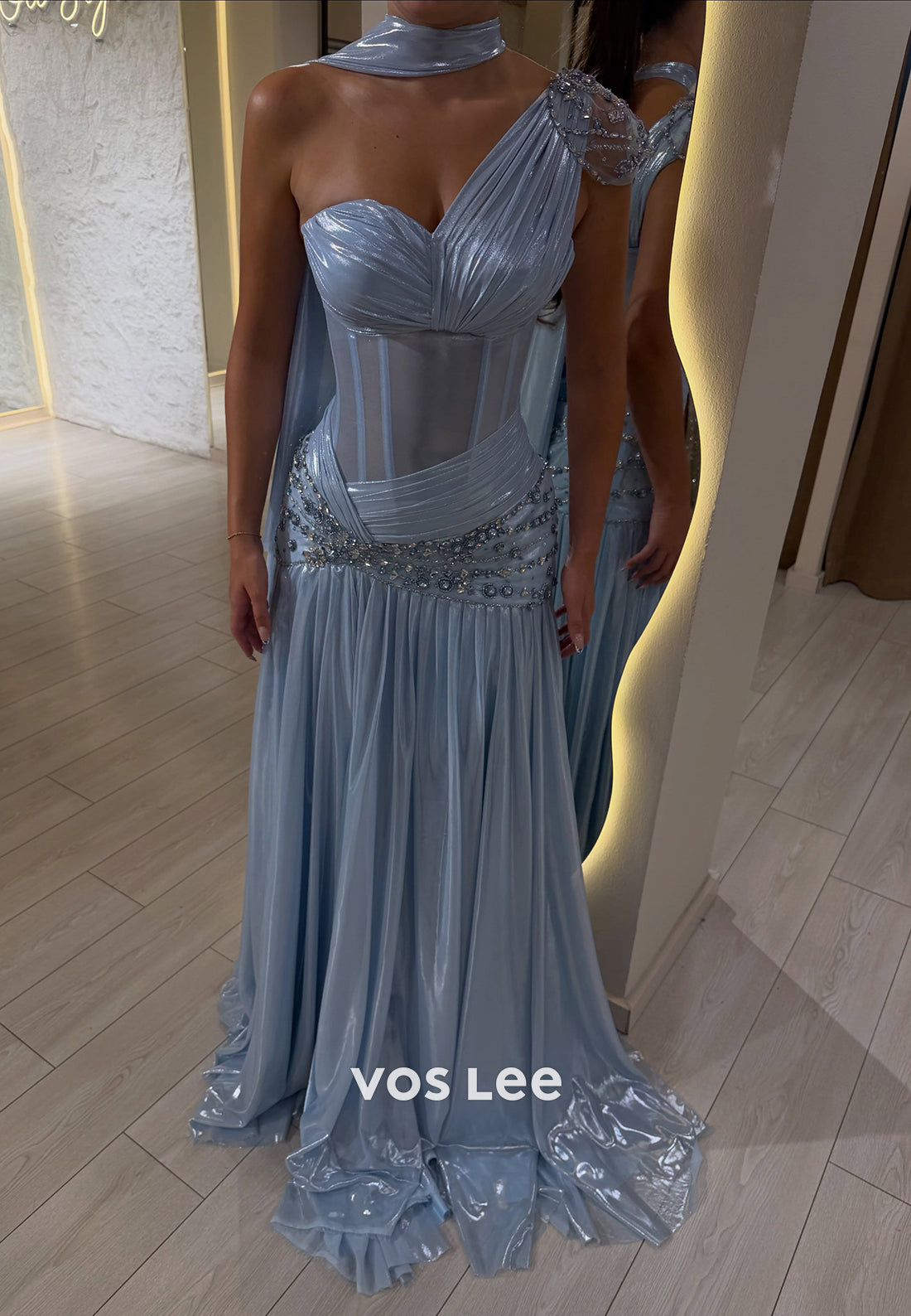 One-Shoulder Corset Gown with Beaded Waist & Slit