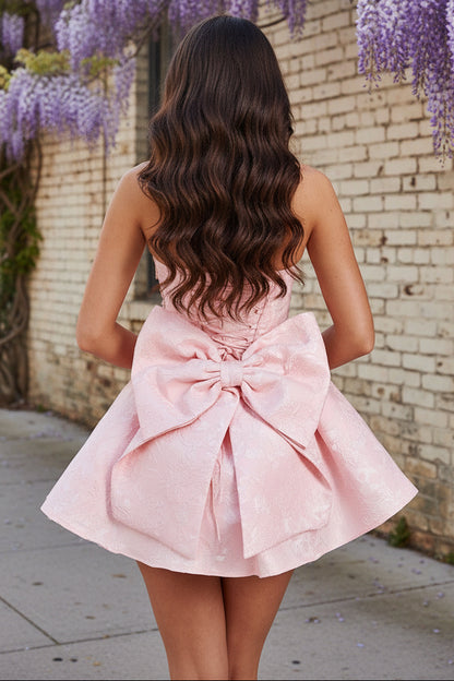 Strapless Corset Jacquard Mini Dress with Oversized Bow