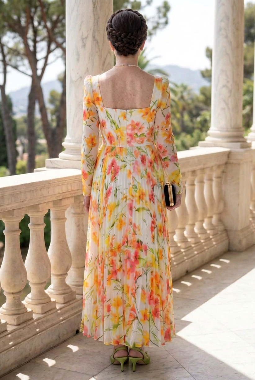 Floral Long Sleeve Maxi Dress with Pleated Skirt