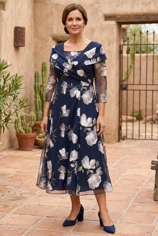 Floral Embroidered Tea-Length A-Line Dress