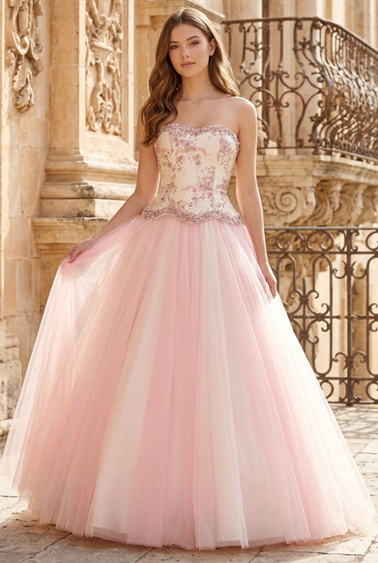 Strapless Embroidered Basq-Waist Tulle Ball Gown