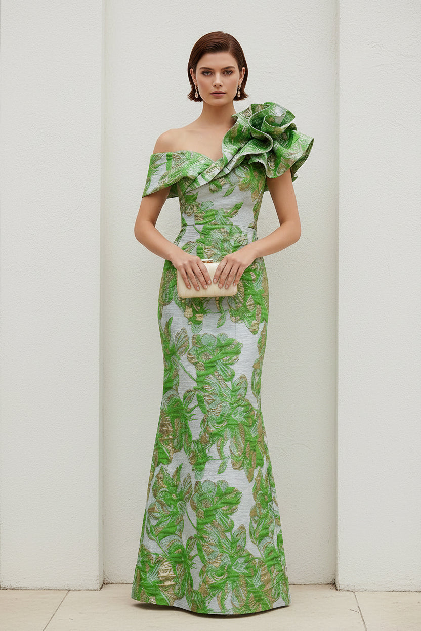 One-Shoulder Metallic Jacquard Column Evening Gown