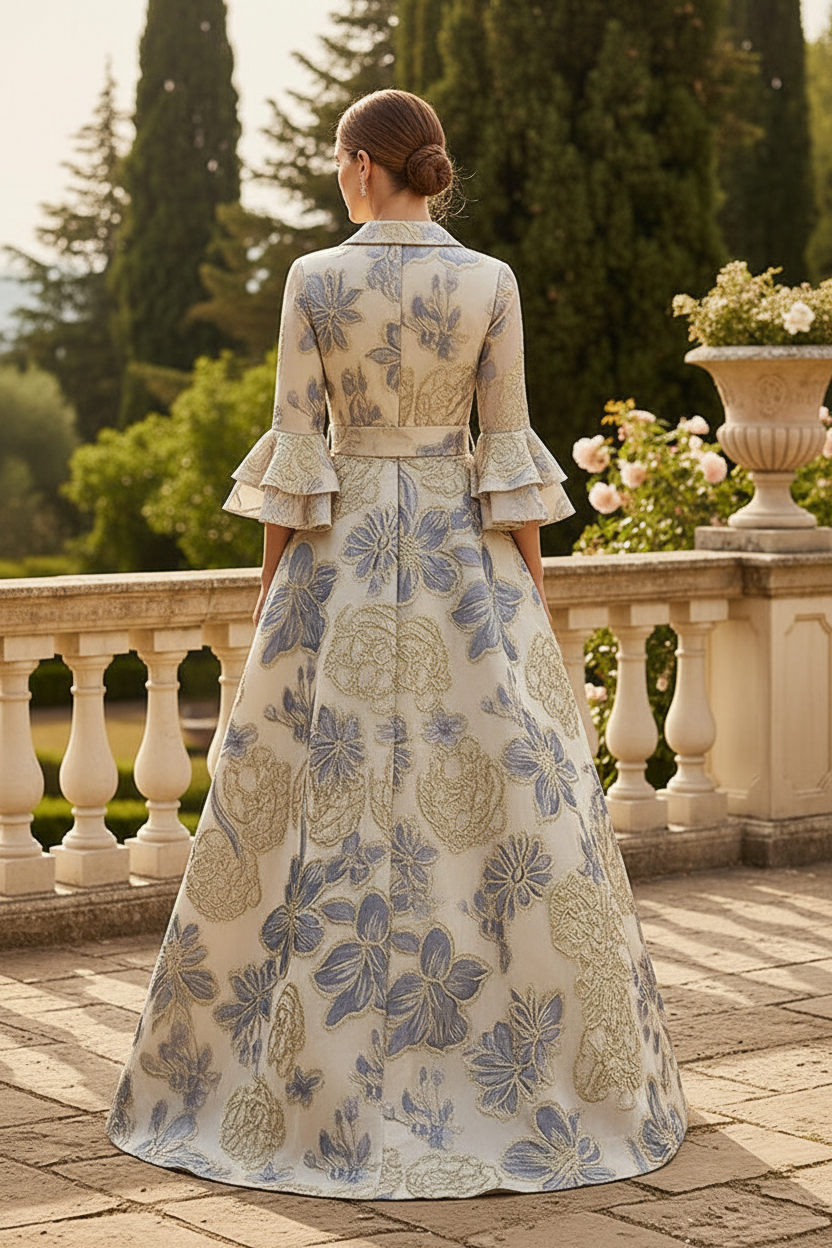Elegant Jacquard A-Line Evening Gown with 3/4 Bell Sleeves