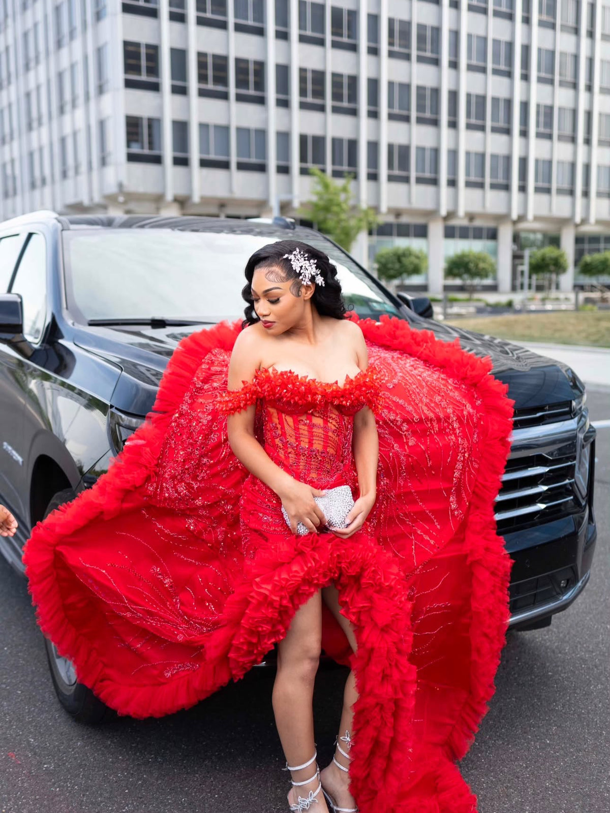 Off-the-Shoulder Beaded Corset Gown with Ruffle Train