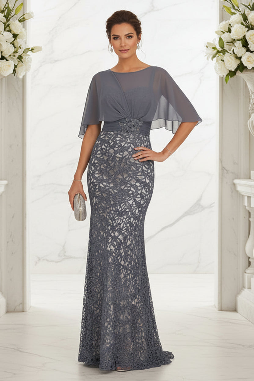 Lace Mermaid Gown with Chiffon Cape Sleeves