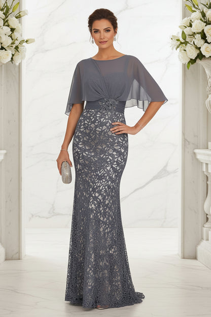 Lace Mermaid Gown with Chiffon Cape Sleeves