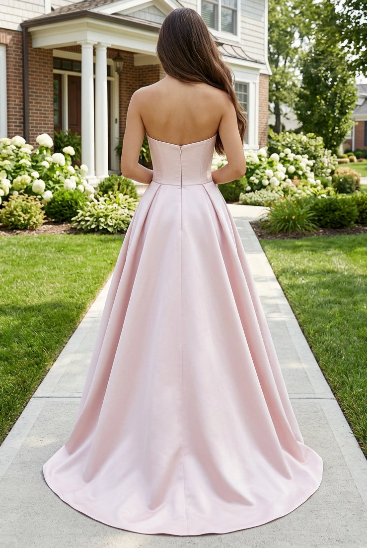 Strapless Satin Ball Gown with Pearl Tulle Split