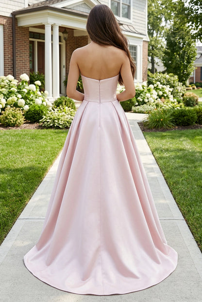 Strapless Satin Ball Gown with Pearl Tulle Split