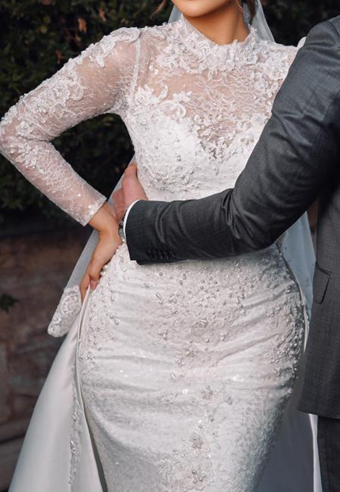 Lace High Neck Wedding Dress with Overskirt