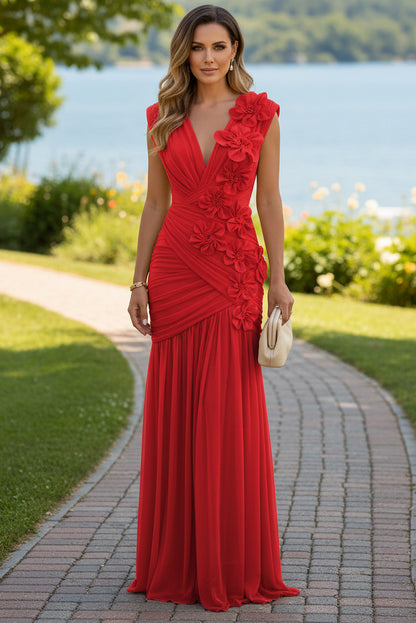 Ruched Floral Appliqué Floor-Length Evening Gown