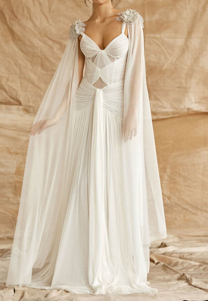 Ruched Chiffon Bridal Gown with Cape Sleeves