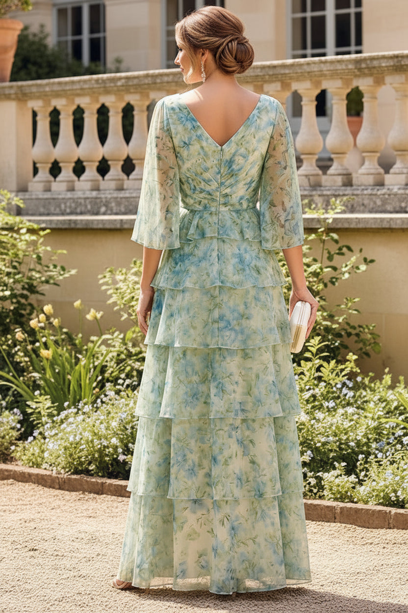 Floral Chiffon Tiered V-Neck Gown
