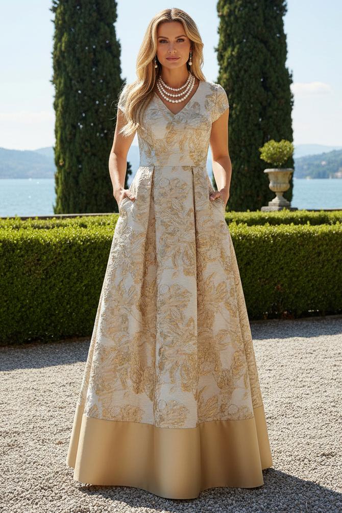 Floral Jacquard A-Line Gown with Pockets