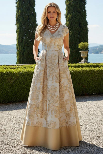 Floral Jacquard A-Line Gown with Pockets