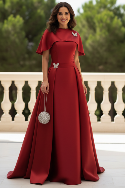 Cape Sleeve Satin A-Line Gown with Waist Belt