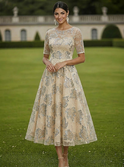 Sequin Leaf Illusion Tea-Length A-Line Dress