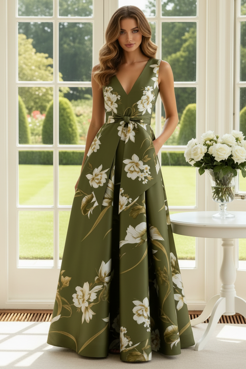 Floral Print V-Neck A-Line Gown with Pockets