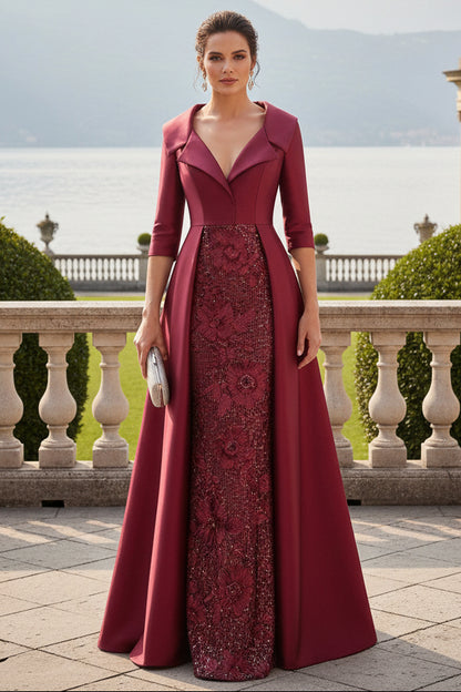 Collared Satin Evening Gown with Sequin Skirt