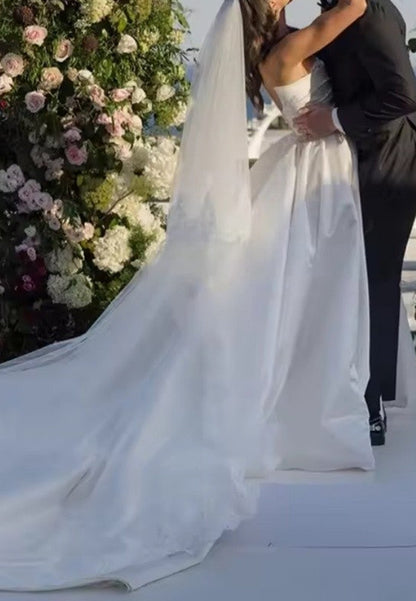 Strapless Ruched Satin Wedding Dress with Train