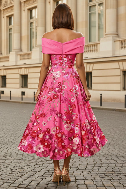 Off Shoulder Floral Embroidered A-Line Midi Dress
