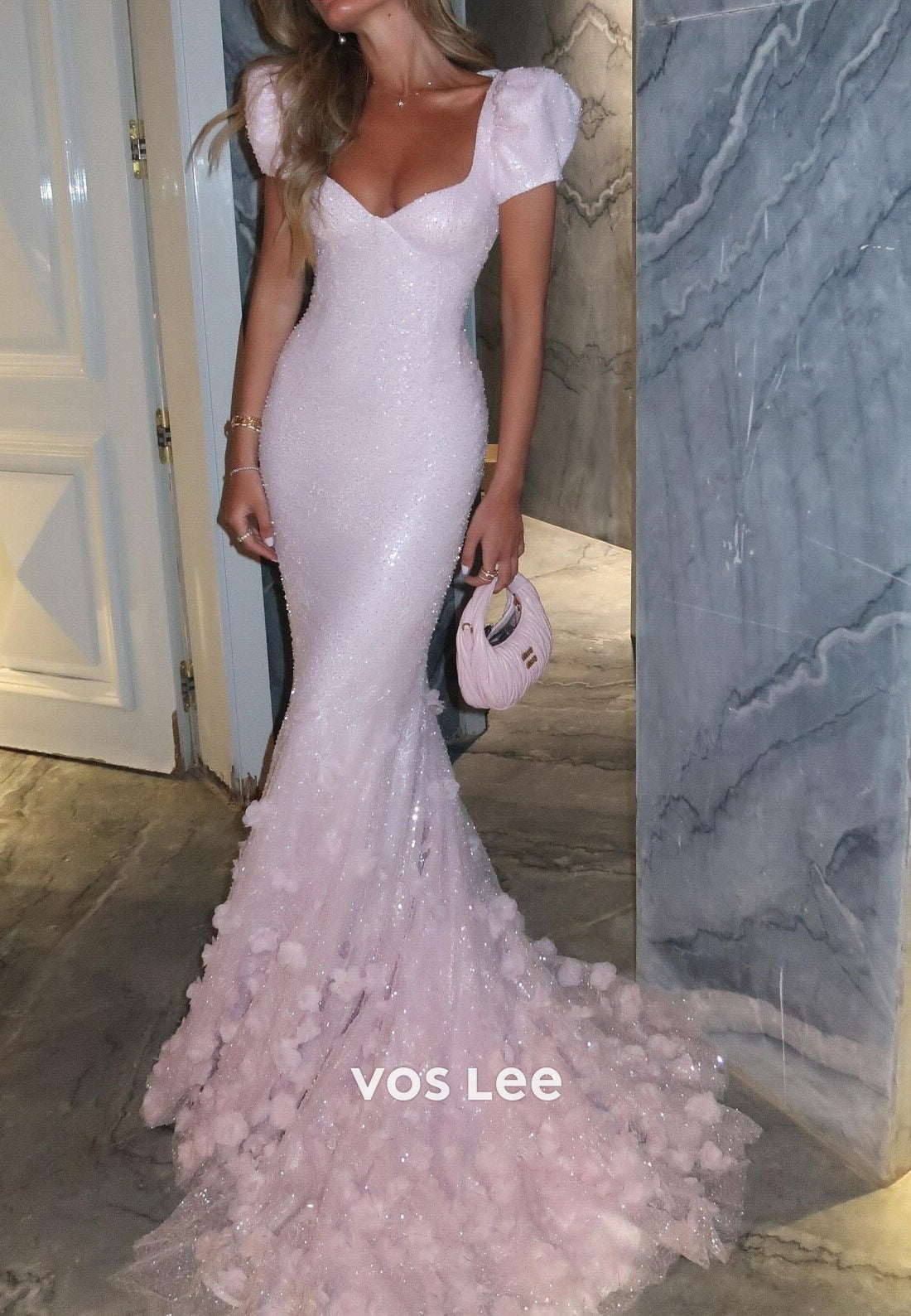 Sequin Mermaid Gown with 3D Floral Train