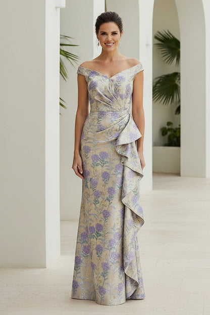 Off Shoulder Floral Jacquard Ruffle Gown