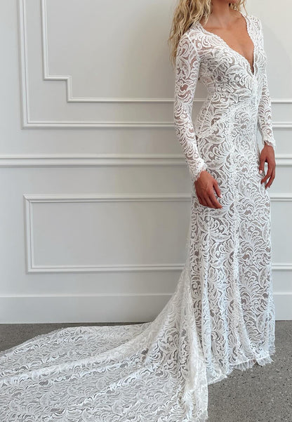 Lace Long Sleeve Keyhole Back Wedding Dress