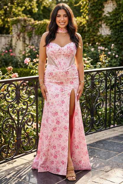 Floral Corset Gown with High Slit and Neck Scarf
