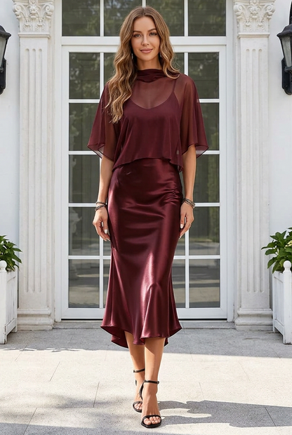 Midi Satin Slip Dress with Sheer Capelet