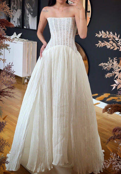 Strapless Lace Corset Pleated A-Line Wedding Dress