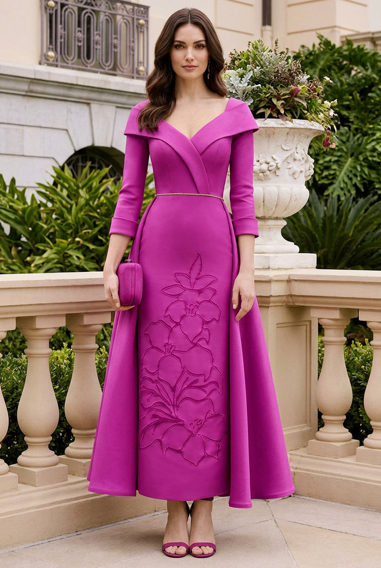 Foldover Collar Midi Dress with Floral Motif