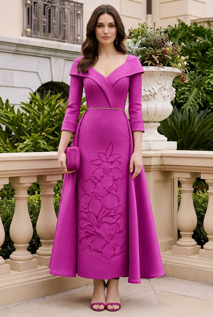 Foldover Collar Midi Dress with Floral Motif