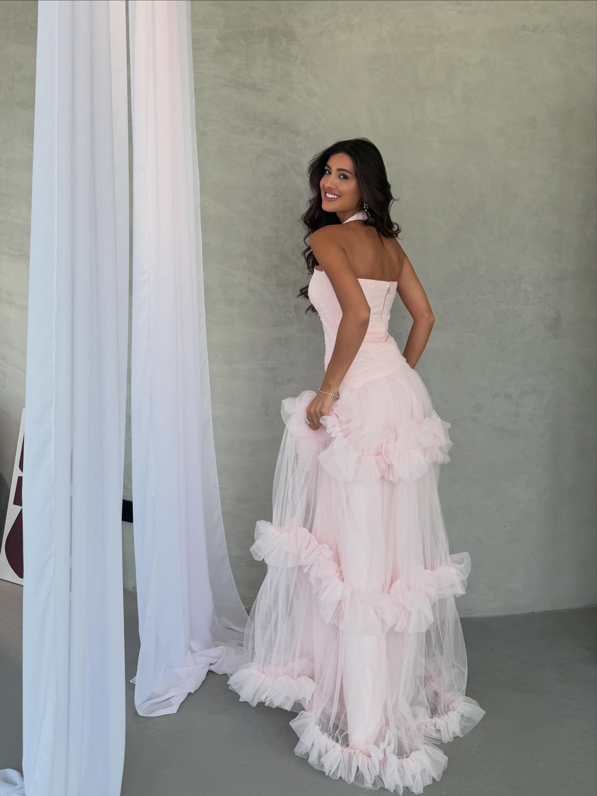 Ruched Halter Tiered Ruffle Tulle Gown
