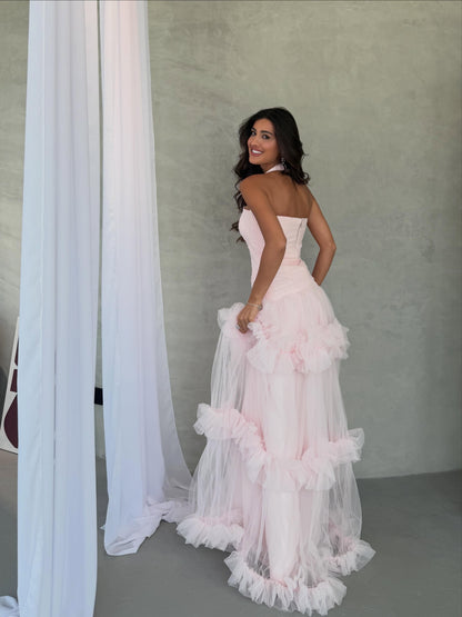 Ruched Halter Tiered Ruffle Tulle Gown