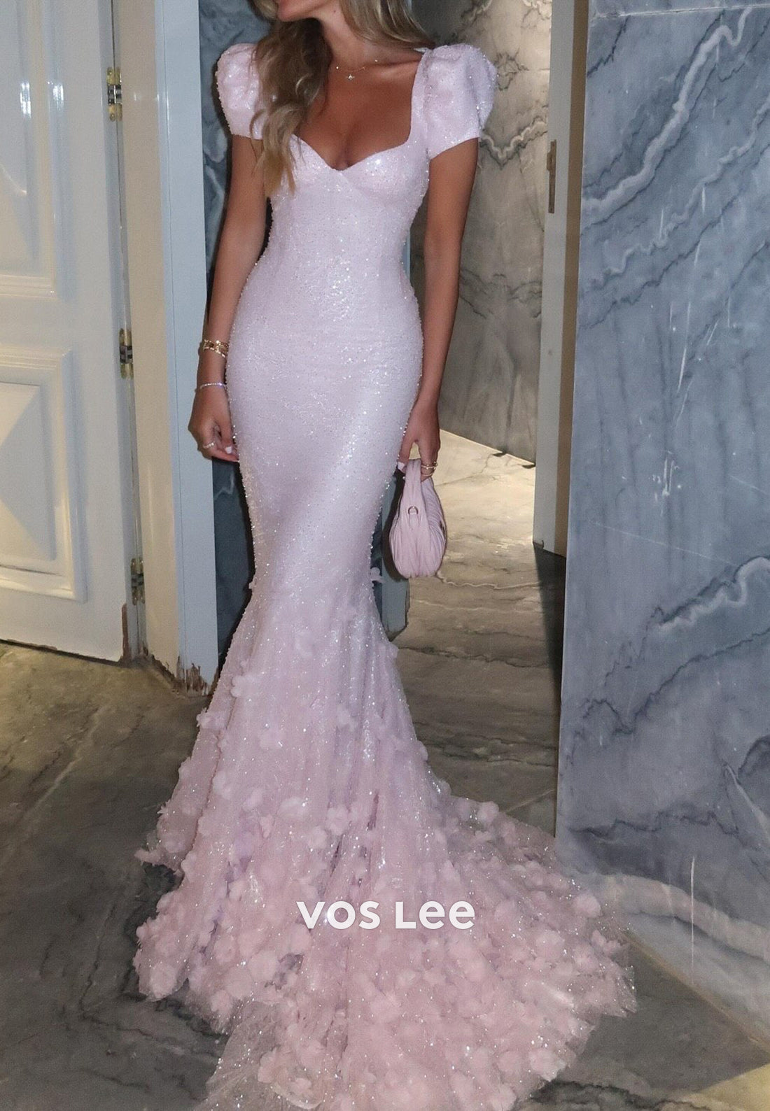 Sequin Mermaid Gown with 3D Floral Train