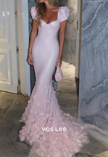 Sequin Mermaid Gown with 3D Floral Train