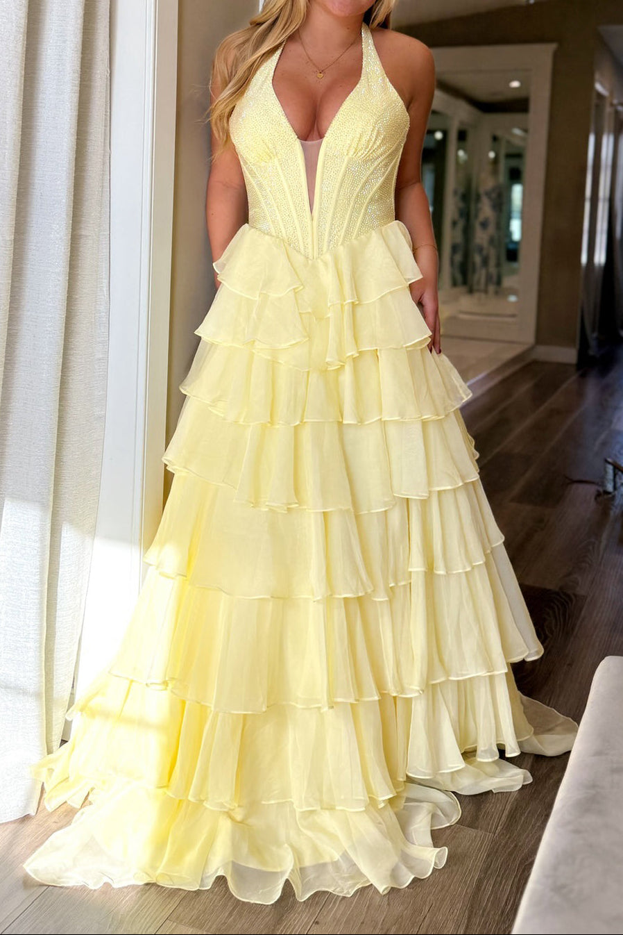 Tiered Ruffle Halter Corset Ball Gown