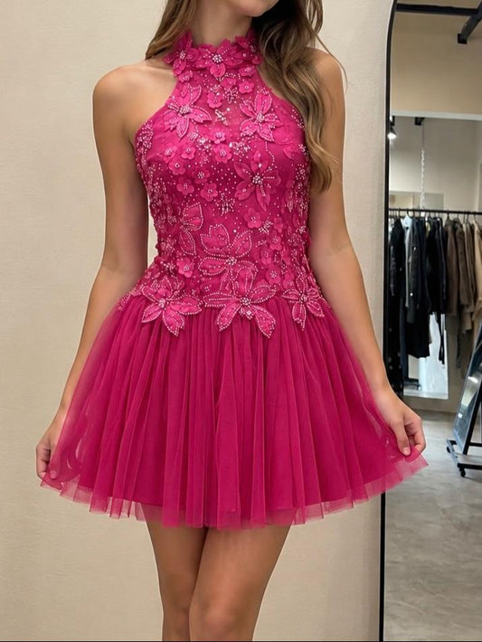 Floral Beaded Halter Neck Tulle Mini Dress