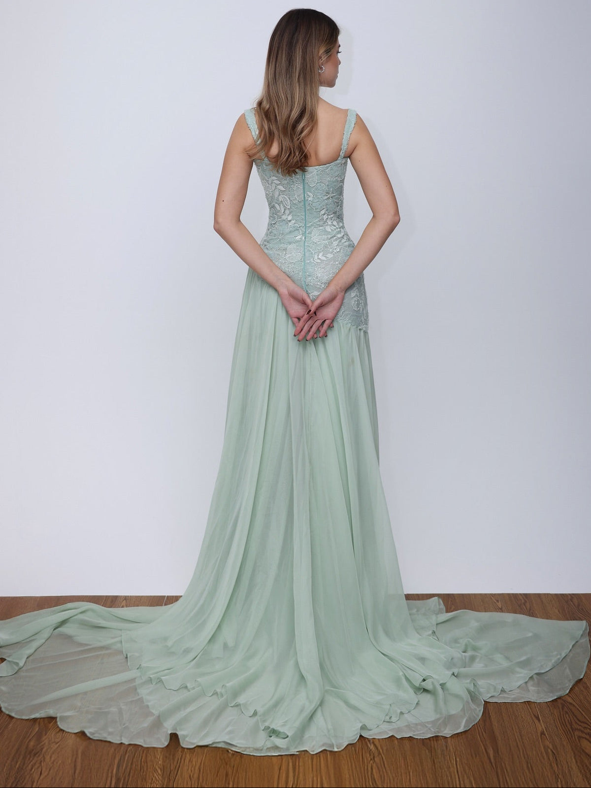 Embroidered Bodice Cascading Tier Evening Gown
