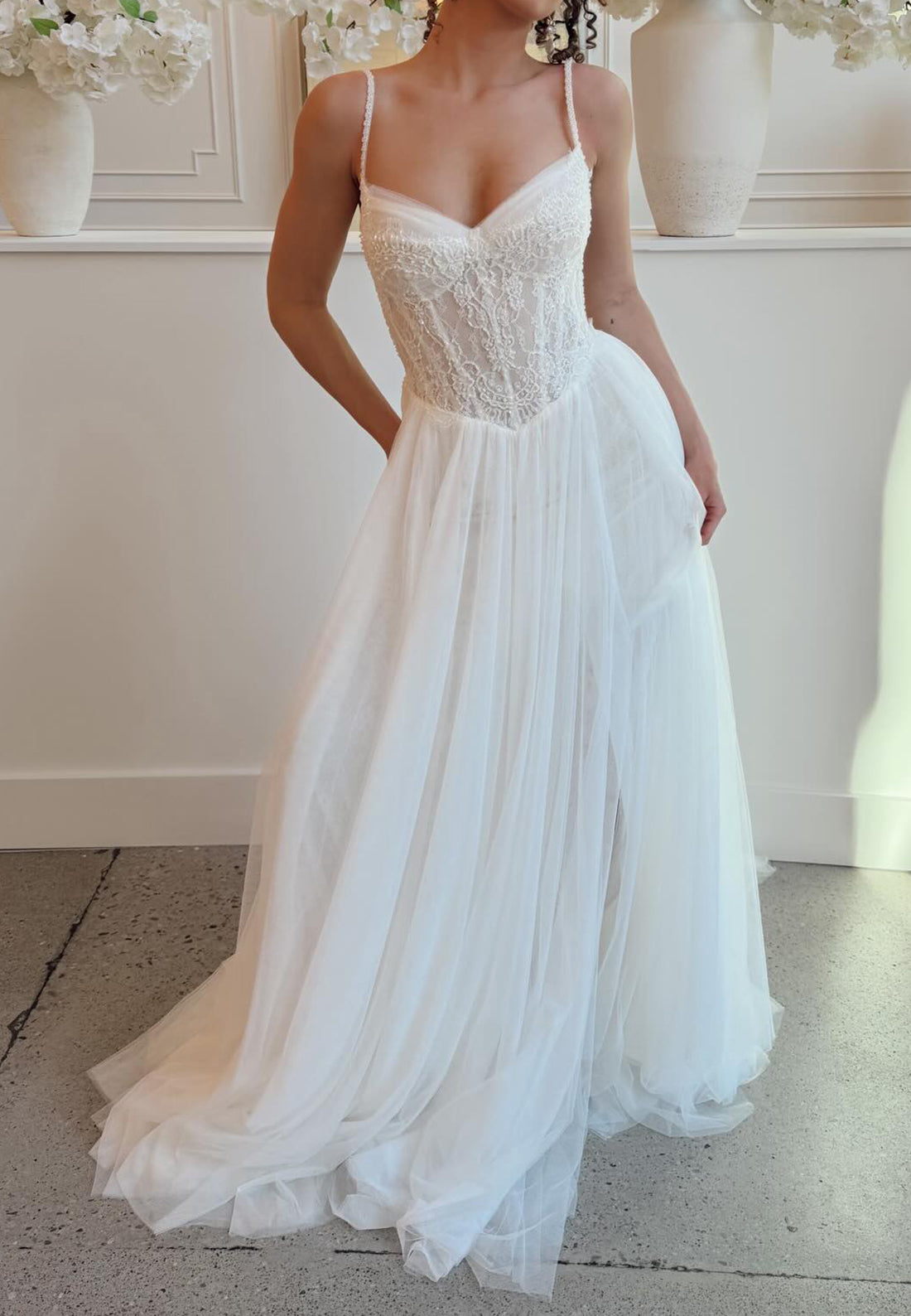 Beaded Corset Lace Tulle A-Line Wedding Dress