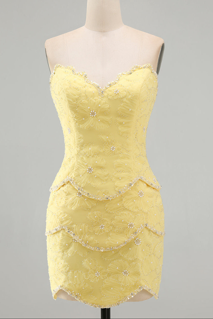 Floral Applique Beaded Strapless Mini Dress