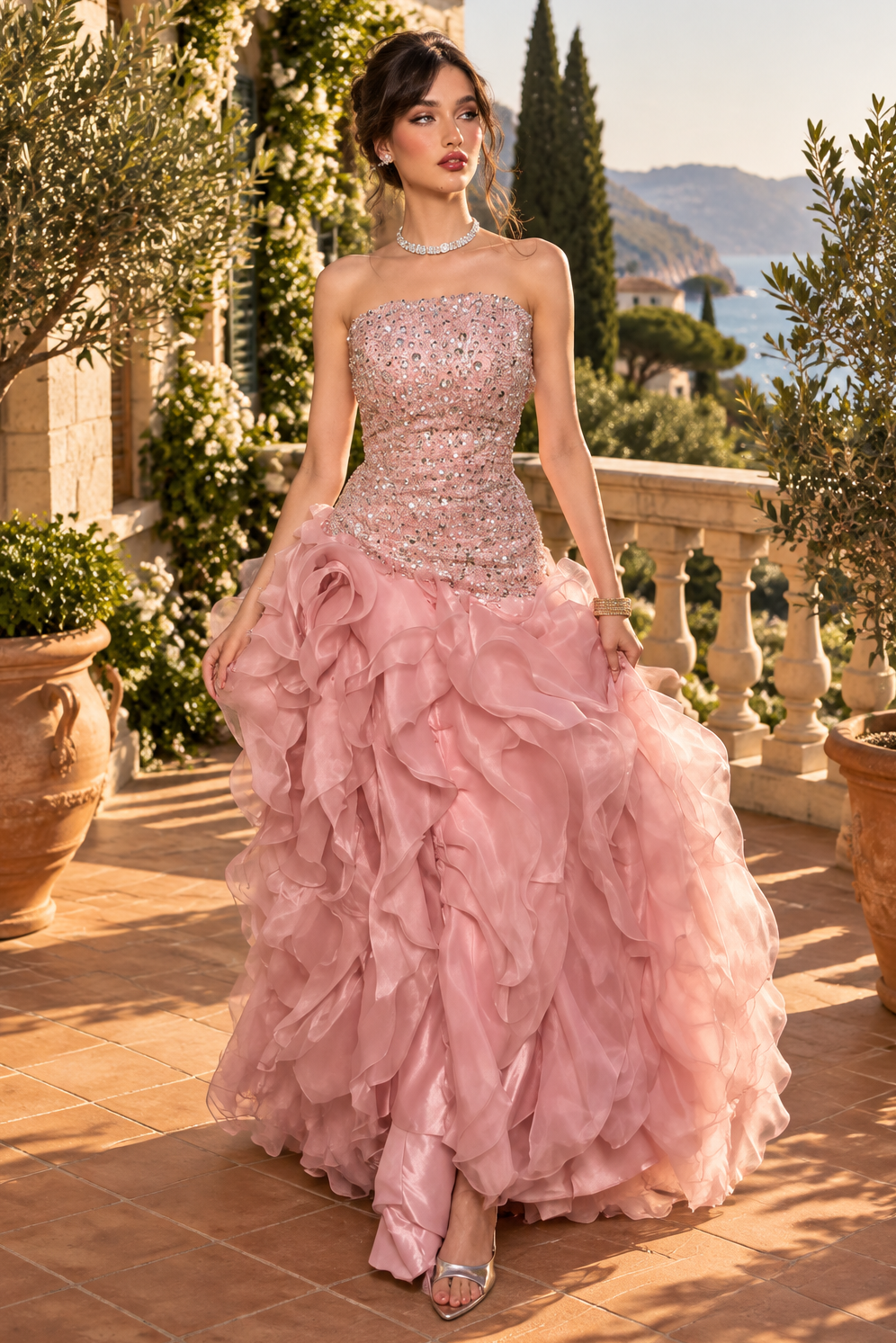 Strapless Embellished Gown with Ruffle Skirt