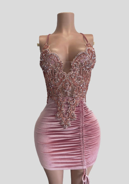 Beaded Corset Velvet Ruched Mini Dress