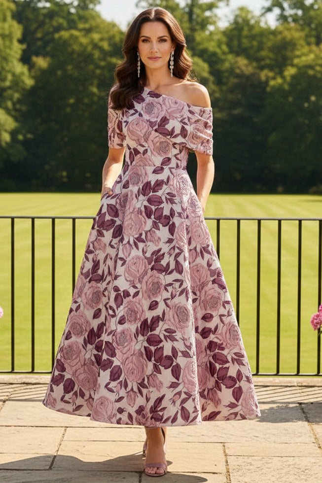 Off-Shoulder Floral Jacquard Tea-Length Dress