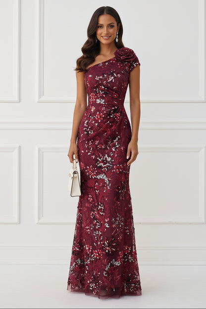 Sequined Cap Sleeve Column Gown with 3D Flower