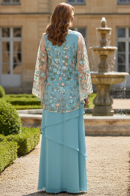 Floral Embroidered Cape Sleeve Tiered Maxi Dress