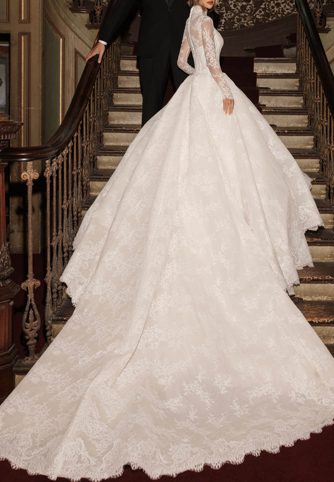 High-Neck Lace Ball Gown Wedding Dress with Long Sleeves