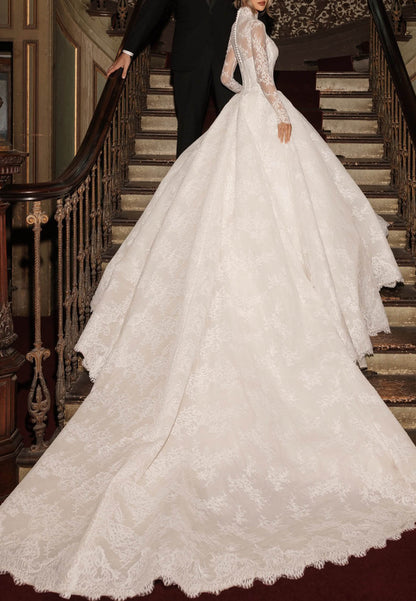 High-Neck Lace Ball Gown Wedding Dress with Long Sleeves